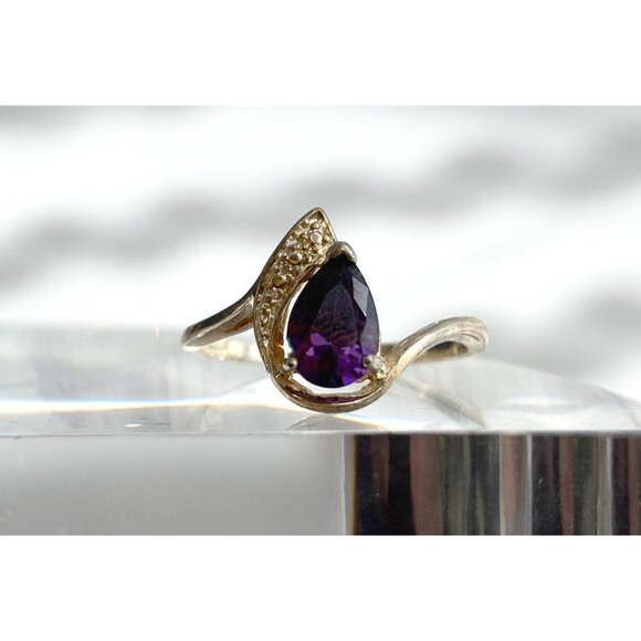 Amethyst Teardrop Vermeil 925 Sterling Silver Vintage Ring - sz 9.25 - Picture 1 of 9